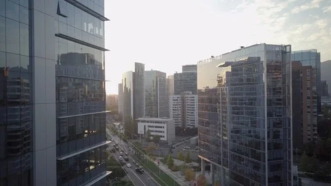 Santiago de Chile crystal skyscraper buildings city sunflare drone view Stock Footage