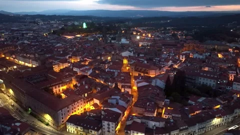 Santiago de Compostela night view with city illumination, aerial view of Spanish Stock Footage 281404853