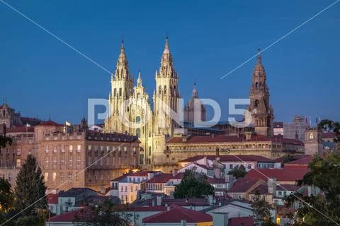 Santiago de Compostela, Spain. Illuminated Cathedral at dusk Stock Photos