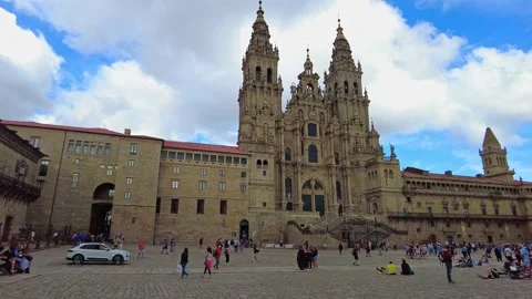 Santiago de Compostela, Spain - Jun 18, 2022: Pilgrims at the Cathedral Stock Footage 201099512