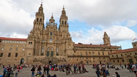 Santiago de Compostela, Spain - Jun 18, 2022: Pilgrims at the Cathedral Stock-Footage 201099758