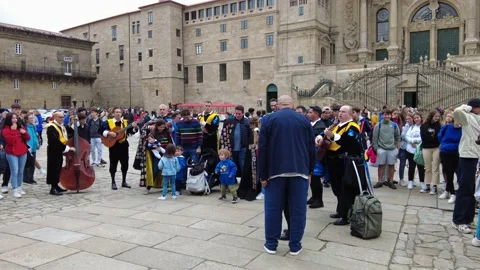 Santiago de Compostela, Spain - Jun 19, 2022: Street musicians Stock Footage 201366068