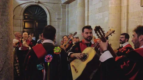 Santiago de Compostela, Spain - Jun 19, 2022: Street musicians Stock Footage 201366378
