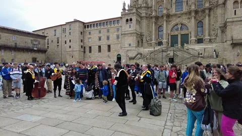 Santiago de Compostela, Spain - Jun 19, 2022: Street musicians Stock Footage 201952439