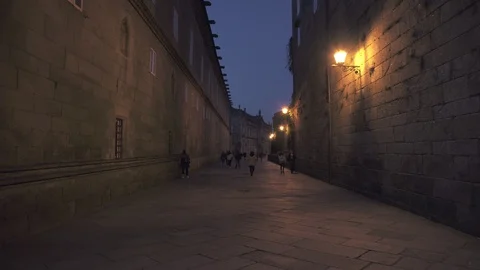 Santiago de Compostela. View of the old city street at dusk Stock-Footage 128551908