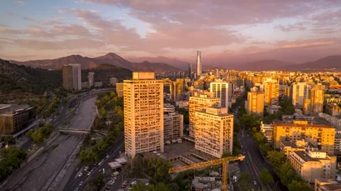 Santiago Sunset Hyperlapse: Ascending Drone View East Towards Mountains Stock Footage 311007010