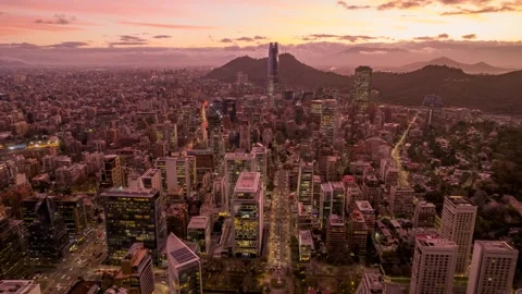 Santiago Sunset Hyperlapse: Forward Drone View Over City and Andes Stock Footage 311071791