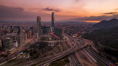 Santiago Sunset Hyperlapse: Forward Drone View of City and Highways Stock Footage 311071854