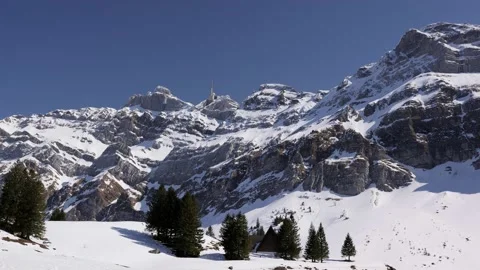 Santis mountain in sunshine cloudless sky, fir tree, transmitting station Stock Footage 166714986