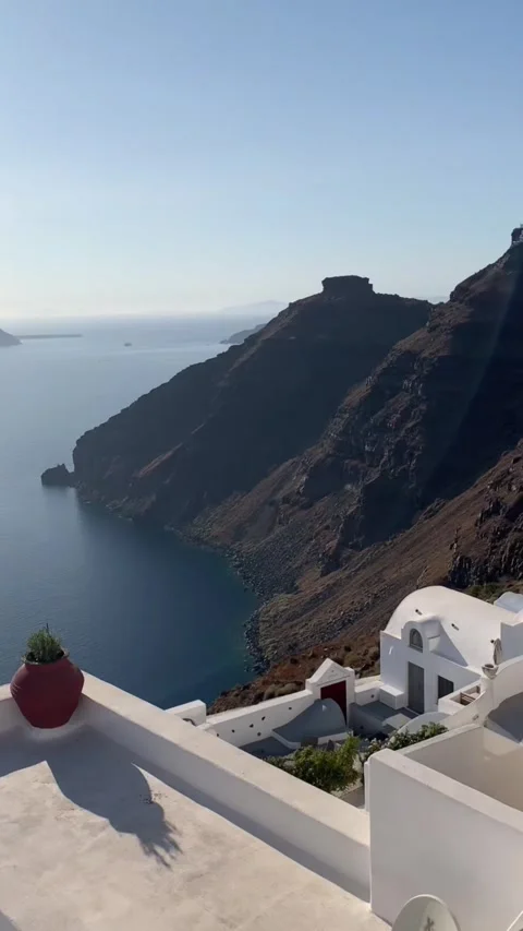 Santorini caldera view sun reflection Aegean sea Skaros Rock luxury resort HD Stock-Footage 342289659