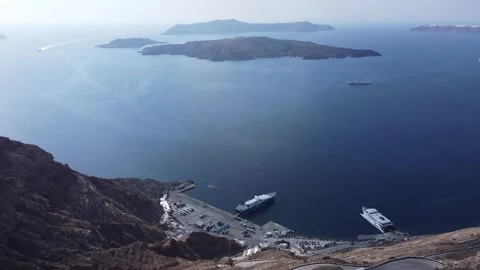 Santorini Ferry Drone Looking Out To Mediterranean Sea Stock Footage 288558251