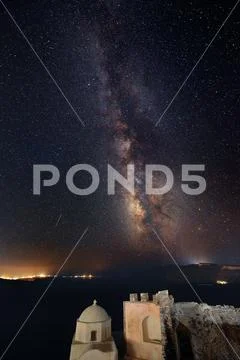 Santorini island with milkyway Stock Photos