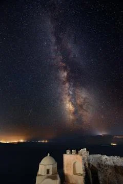 Santorini island with milkyway Stock Photos