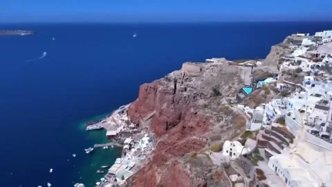Santorini Oia Panoramic Luxury Infinity Pools Windmill Stock Footage 332576721