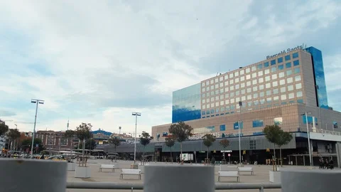 Sants Estacio. Largest Train Station in Barcelona Spain. Taxi cab passing by  Stock Footage 106423256