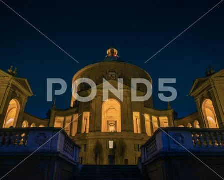 Santuario di San Luca at night in blue colors Stock Photos