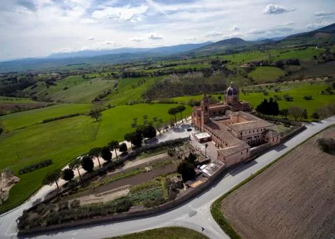 Santuario Ss Crocifisso at Treia - aerial view Stock Photos