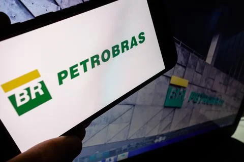 SAO PAULO, BRAZIL - Jul 03, 2021: The Petroleo Brasileiro SA logo on smartpho Stock Photos
