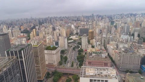 SAO PAULO, BRAZIL - MAY 3, 2018: Aerial View of the city centre Mail square Stock Footage