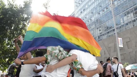 Sao Paulo LGBT Pride Parade with LGBT flags, crowd, and couples Stock Footage