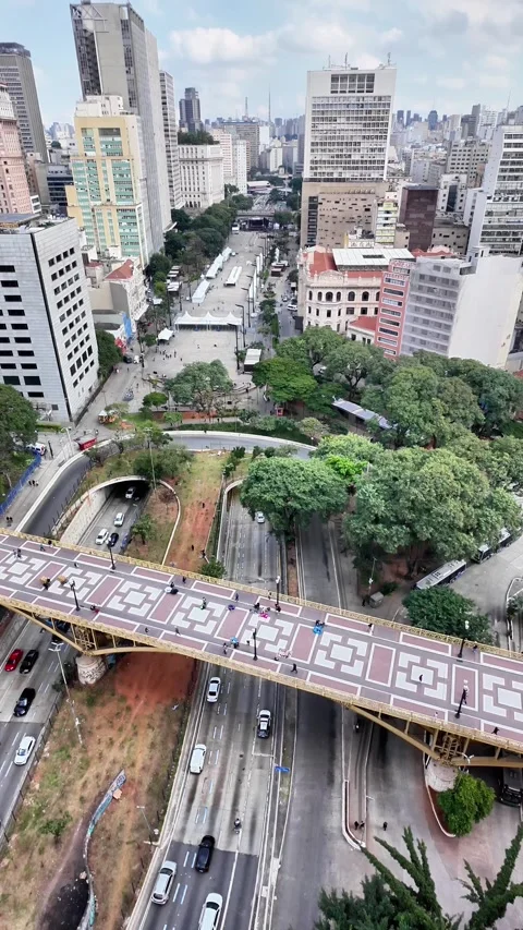 Sao Paulo Viaduto do Cha Bridge Aerial Urban Traffic - Brazil Stock Footage Stock Footage 336682375