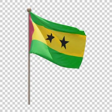 Sao Tome and Principe 3d illustration flag on pole. Wood flagpole Illustrazione stock