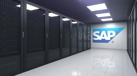 SAP logo in the server room, editorial 3D rendering Stock Illustration