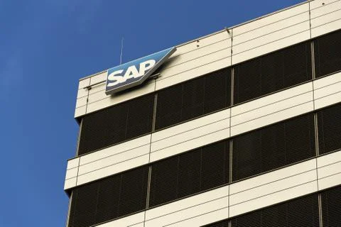 SAP multinational software corporation logo on Czech headquarters building Fotos de archivo