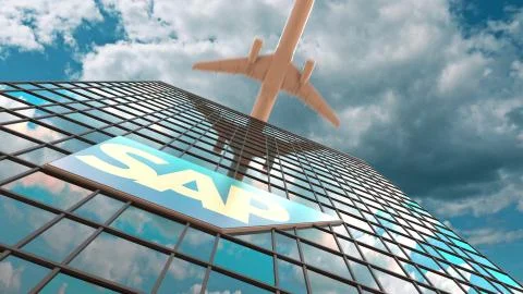SAP SE logo on a modern skyscraper reflecting clouds and flying airplane Stock Illustration