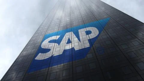 SAP SE logo on a skyscraper facade reflecting clouds. Editorial 3D rendering イラスト素材