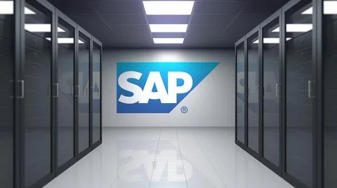 SAP SE logo on the wall of the server room. Editorial 3D rendering 스톡 일러스트