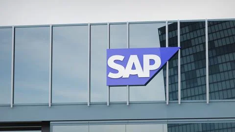 SAP Stock data presented on the logo of the office facade editorial Stock Photos