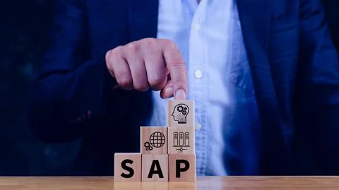 SAP system concept, SAP System Application Products, Wooden blocks with SAP.. Foto stock