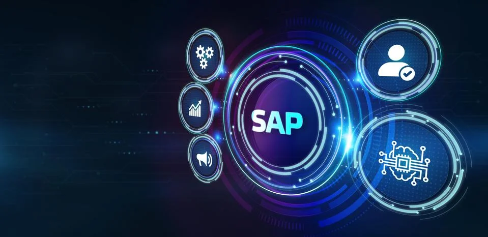 - SAP System Software Automation concept on virtual screen data center. Busin Illustrazione stock