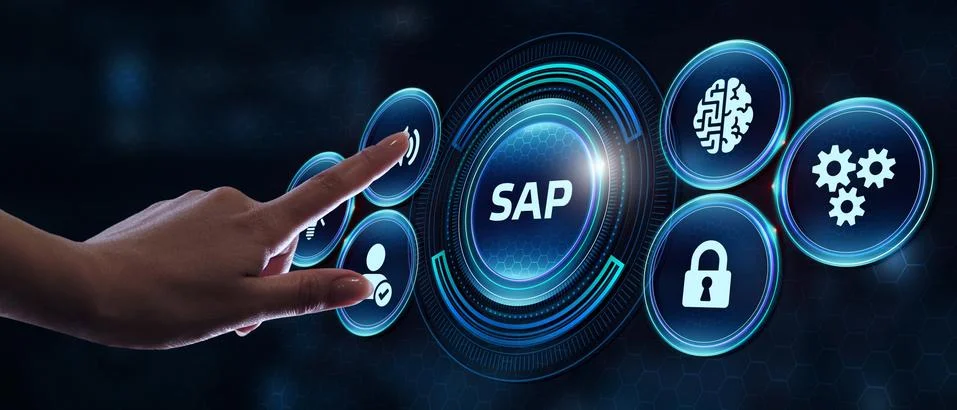 SAP System Software Automation concept on virtual screen data center. Busines Illustrazione stock