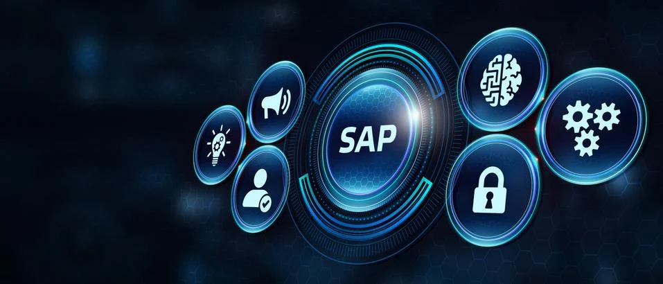 SAP System Software Automation concept on virtual screen data center. Busines Illustrazione stock