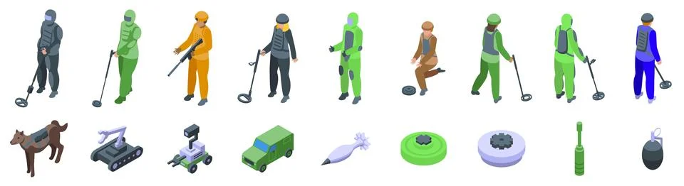 Sapper icons set. Sappers squad using metal detectors, explosives and bomb .. Stock Illustration