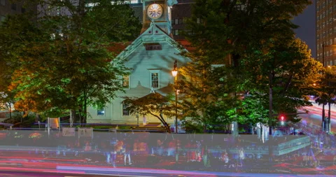 Sapporo, Japan 06/14/2026 - Clock Tower Night Timelapse Street Lights Stock Footage 339830894