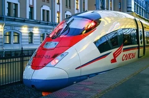 Sapsan high speed train with logotype at platform Stock Photos