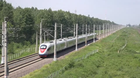 Sapsan high speed train from Moscow runs to St. Petersburg Stock Footage 64574553