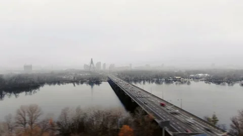 Сar traffic on bridge at rush hour in Kyiv. Ukraine Stock Footage 225870530