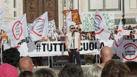 Sara Cunial speech during a protest in Florence against 5g, vaccination and agai Stock Footage 136612216