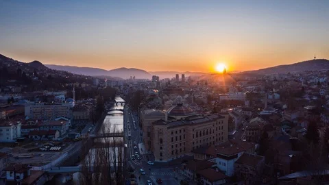 Sarajevo during the sunset. Drone shot Stock Footage 106476626