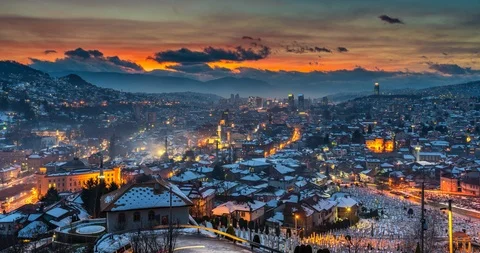 Sarajevo panoramic view in winter from night to day timelapse video Stock Footage 102206560