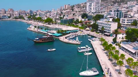Saranda - Limani Dock and Restaurant With Small and Big Boats Stock Footage 158406119
