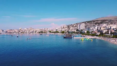 Saranda  Public beach and dock 스톡 동영상 158407330