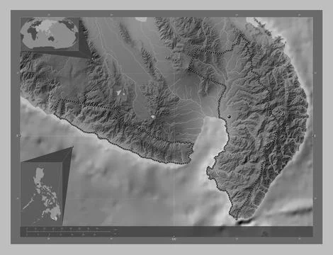 Sarangani, Philippines. Grayscale elevation map with lakes and rivers Stock Illustration