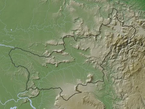Saravan, Laos. Elevation map colored in wiki style with lakes and rivers 库存插图