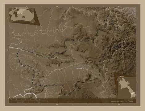 Saravan, Laos. Sepia. Labelled points of cities Stock Illustration
