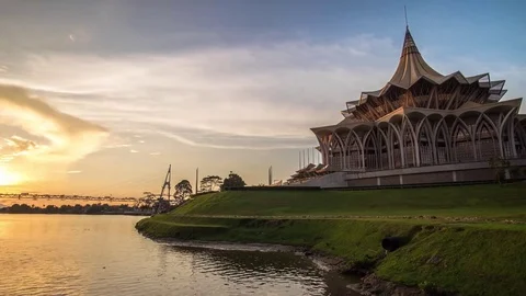 SARAWAK STATE LEGISLATIVE ASSEMBLY SUNSET ZOOMING IN TIMELAPSE 4K Stock Footage 79381963